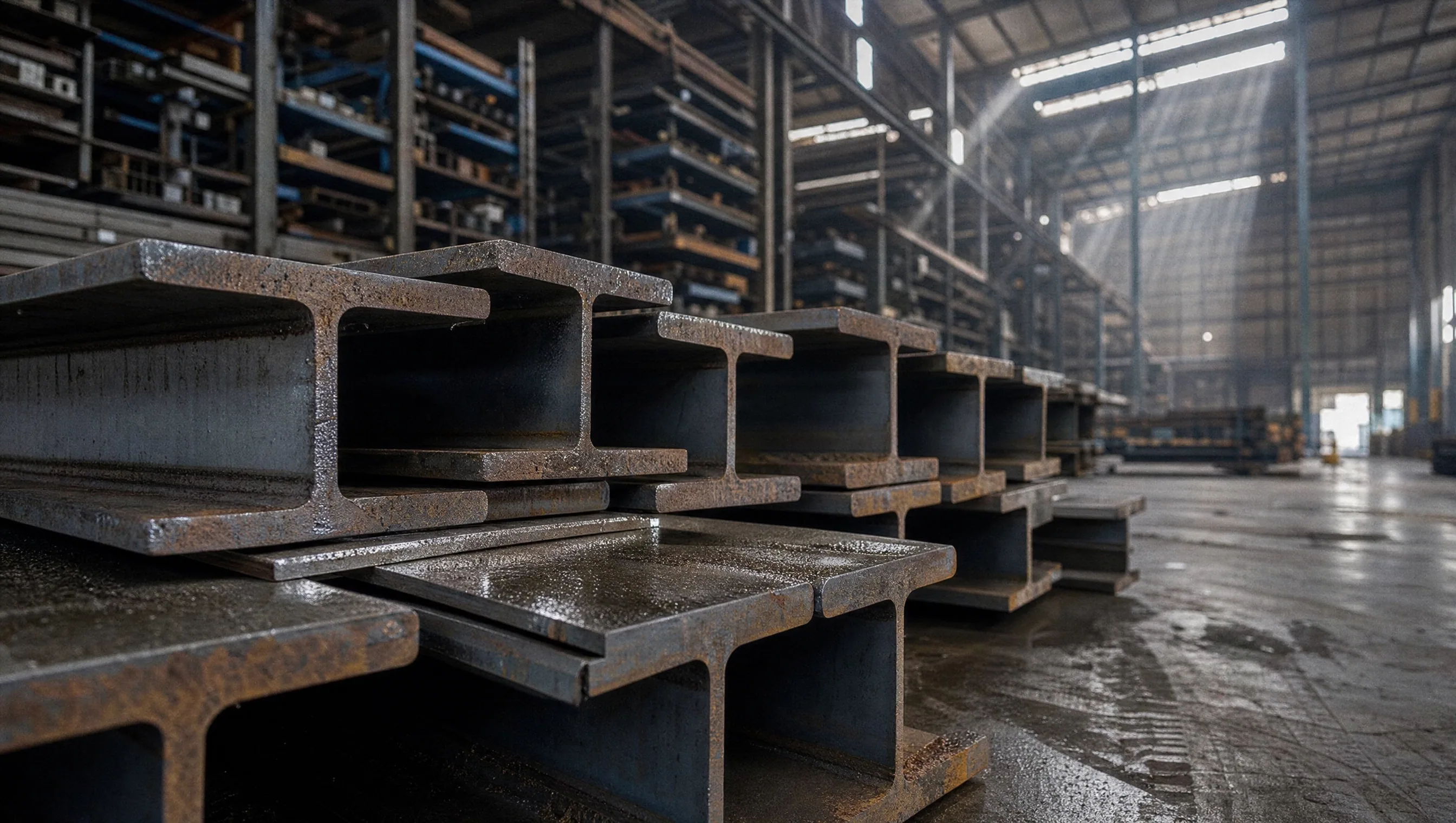 Vigas y perfiles estructurales de acero en bodega — inventario Aceros Villarreal
