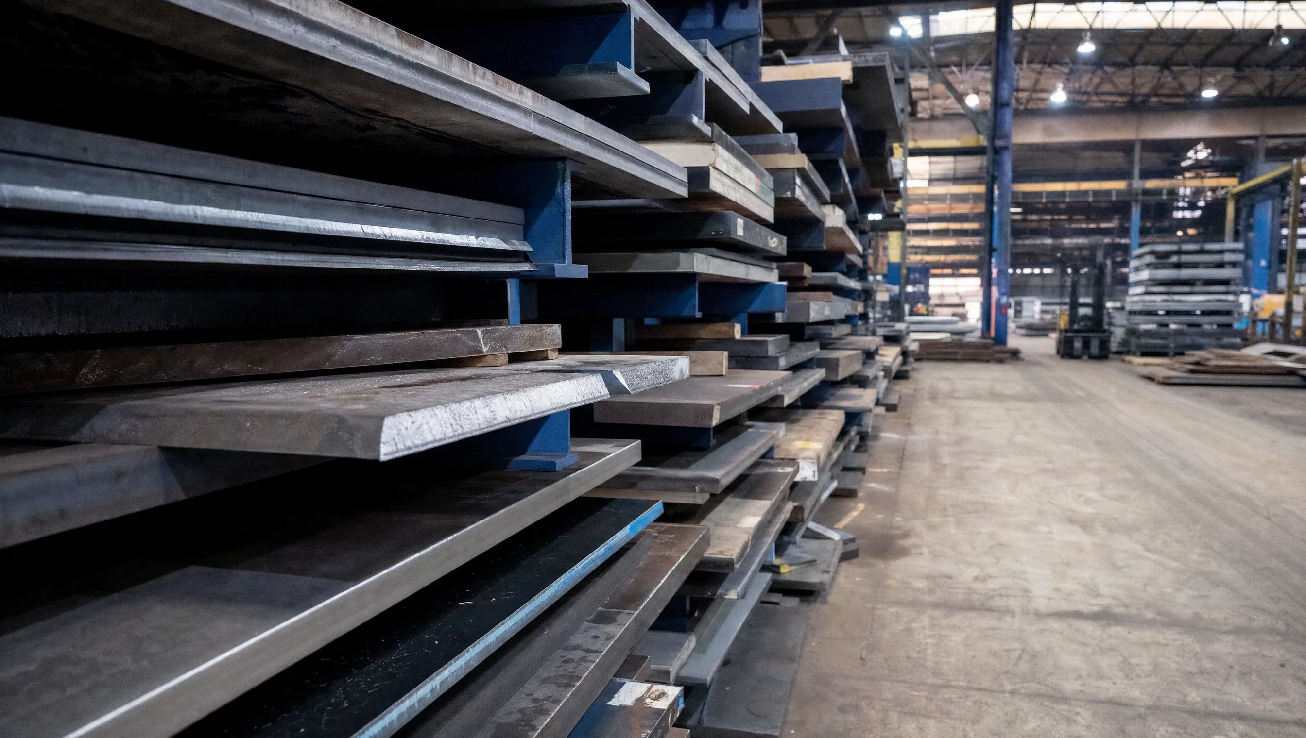 Láminas y placas de acero en estantería de bodega