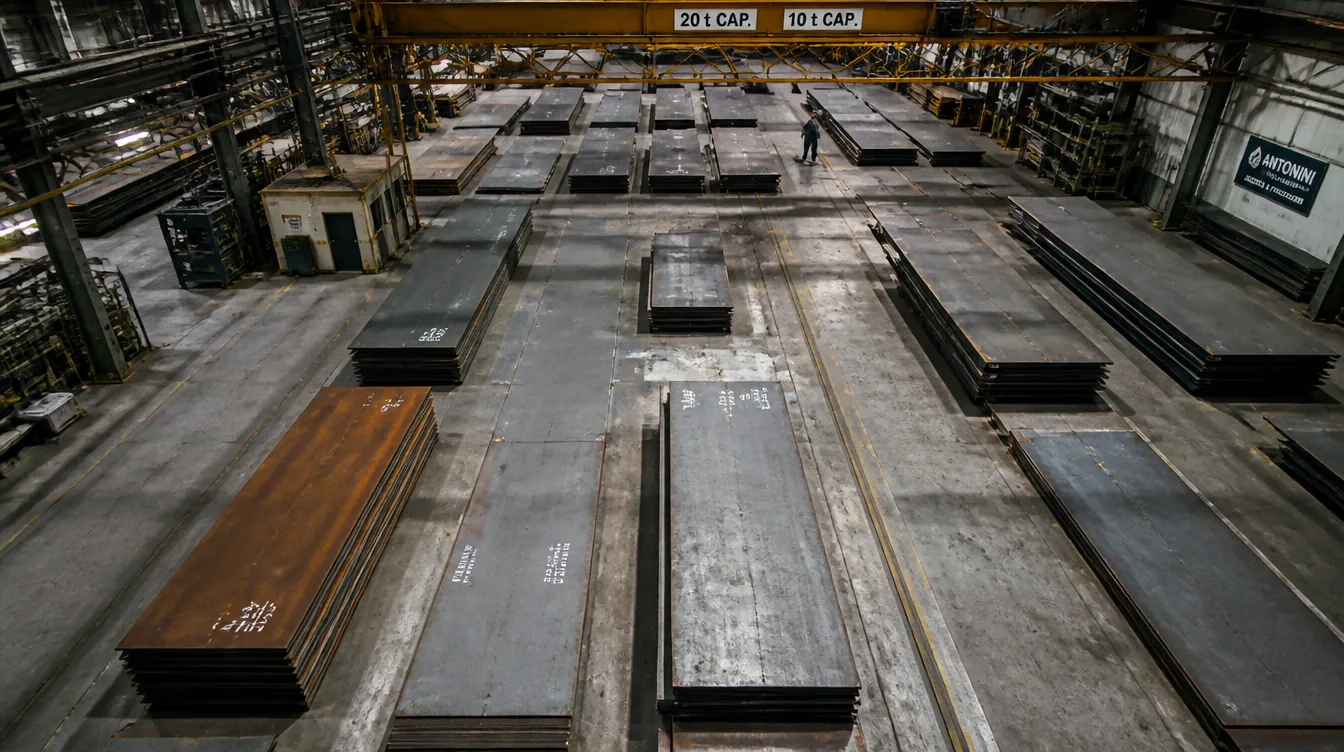 Vista cenital de placas de acero en el piso de la bodega
