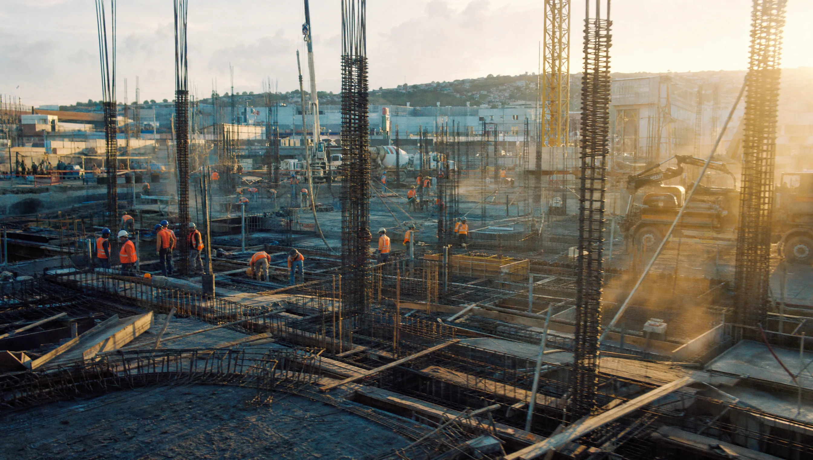 Obra activa con columnas y malla de cimentación