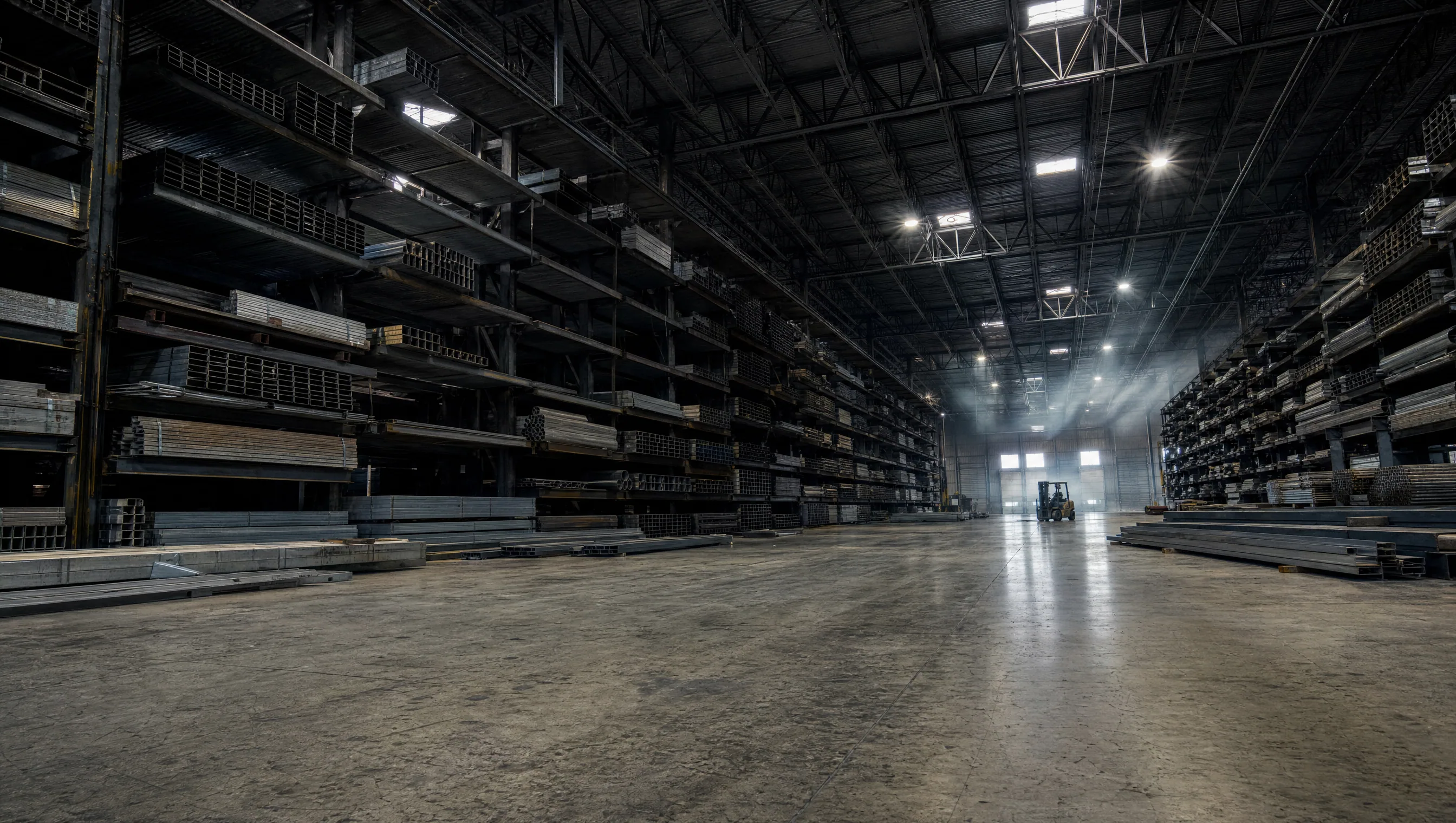 Vista interior de la bodega de Aceros Villarreal — amplio inventario de acero